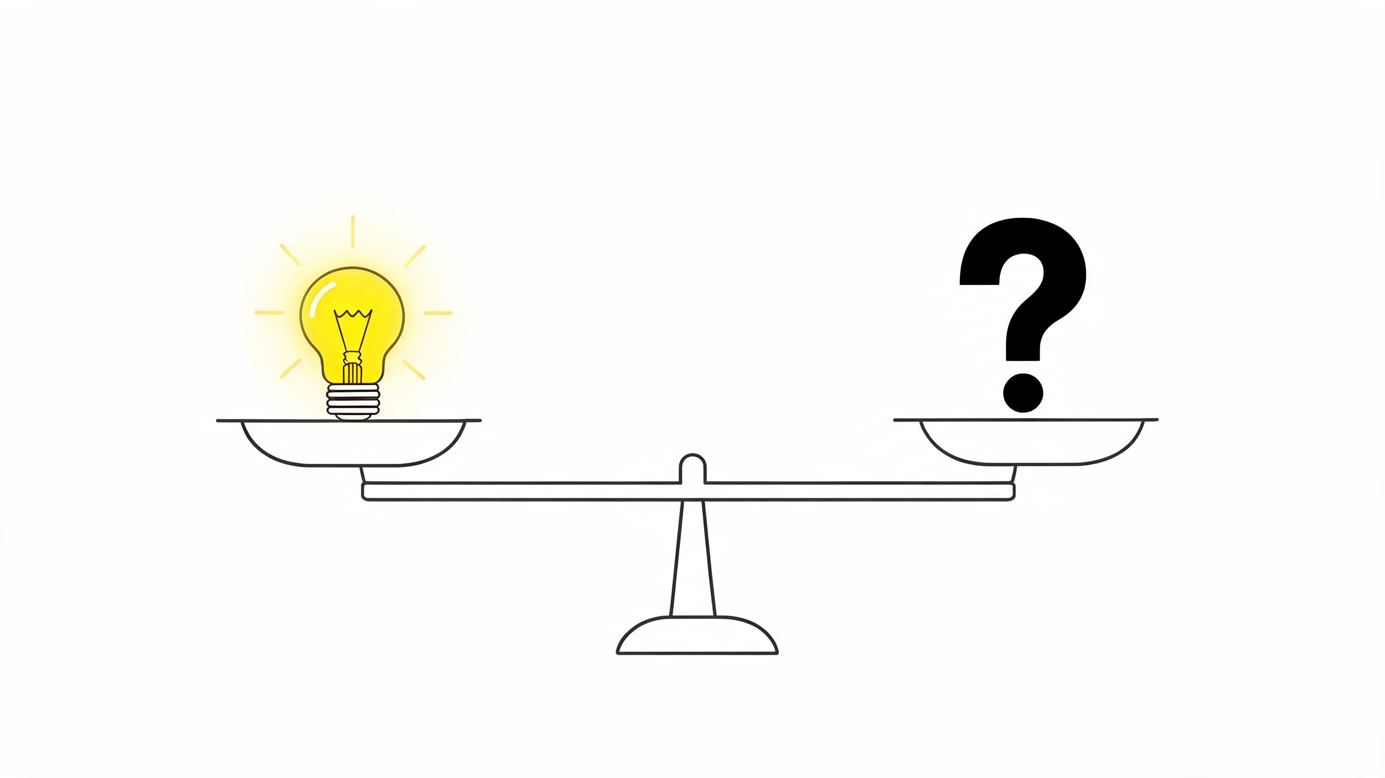 A conceptual illustration of a scale balancing a glowing yellow lightbulb against a black question mark.