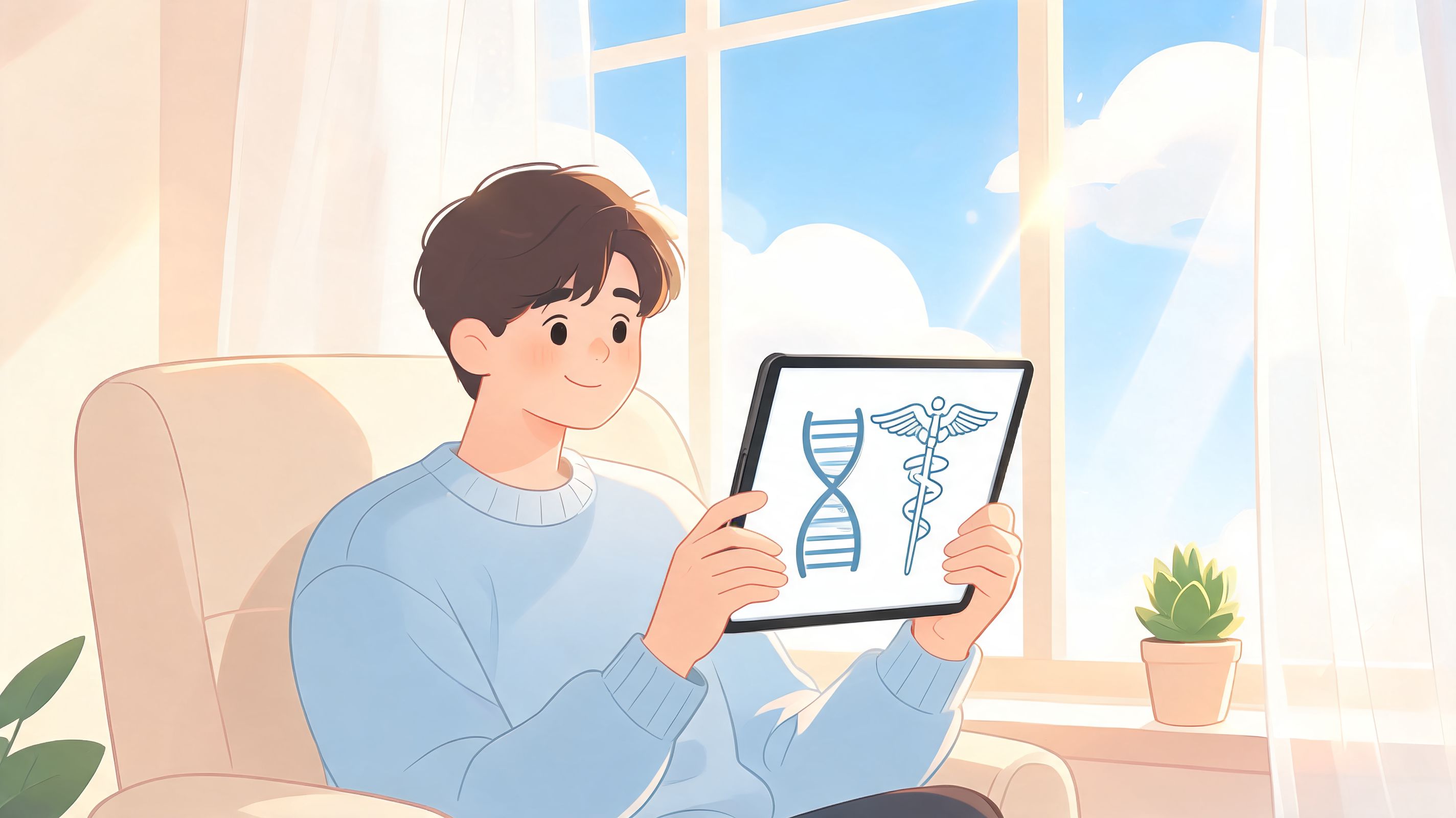 A young man sitting in a sunny room looking at a tablet showing DNA and medical symbols.