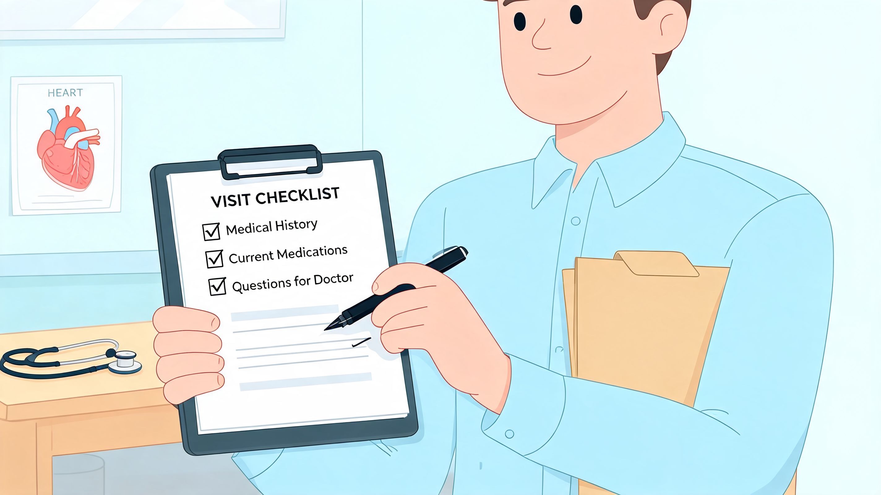A person holding a medical visit checklist clipboard with a pen in a doctor office.