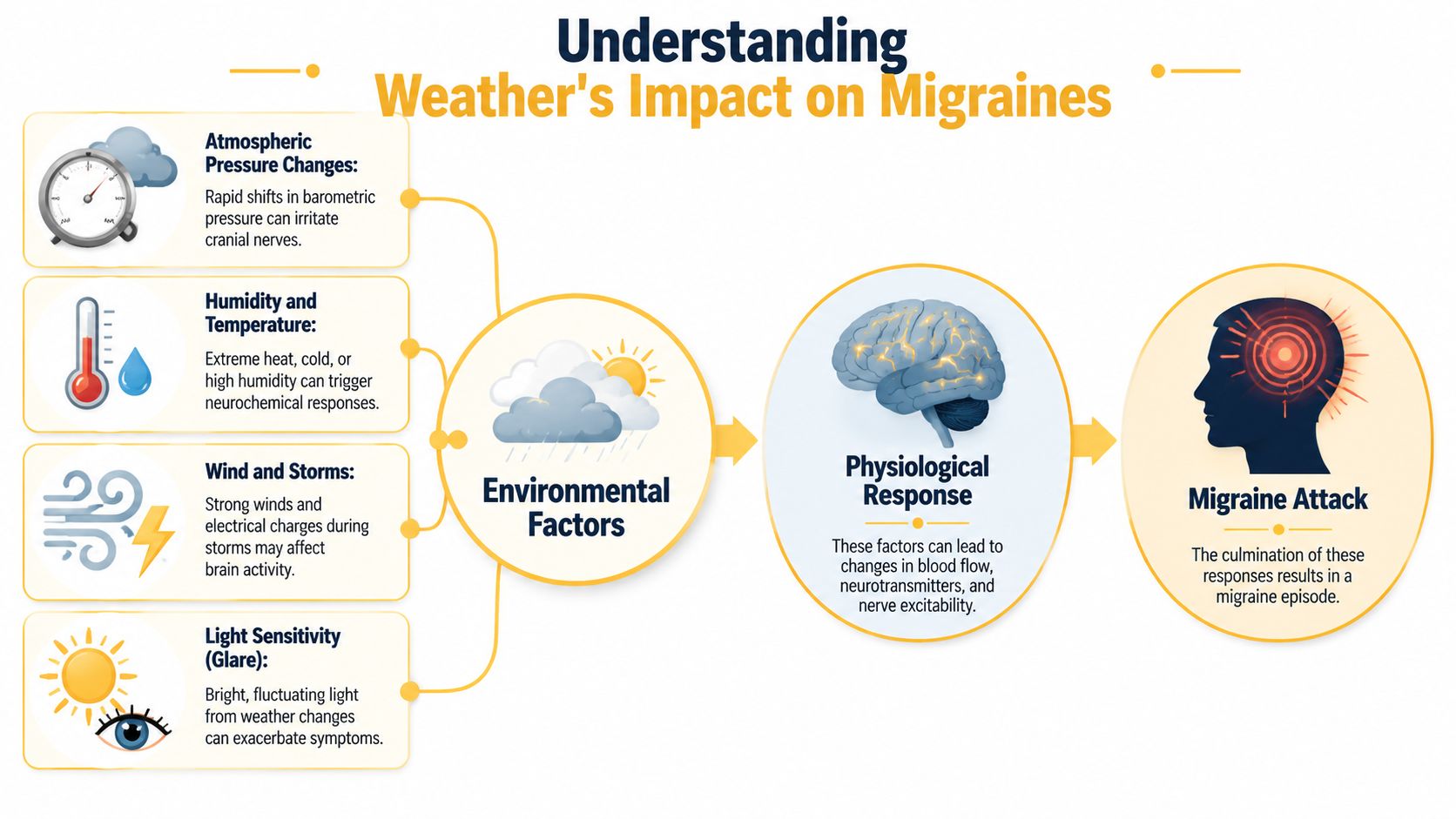 An infographic showing how environmental factors like weather changes lead to physiological responses and migraine attacks.