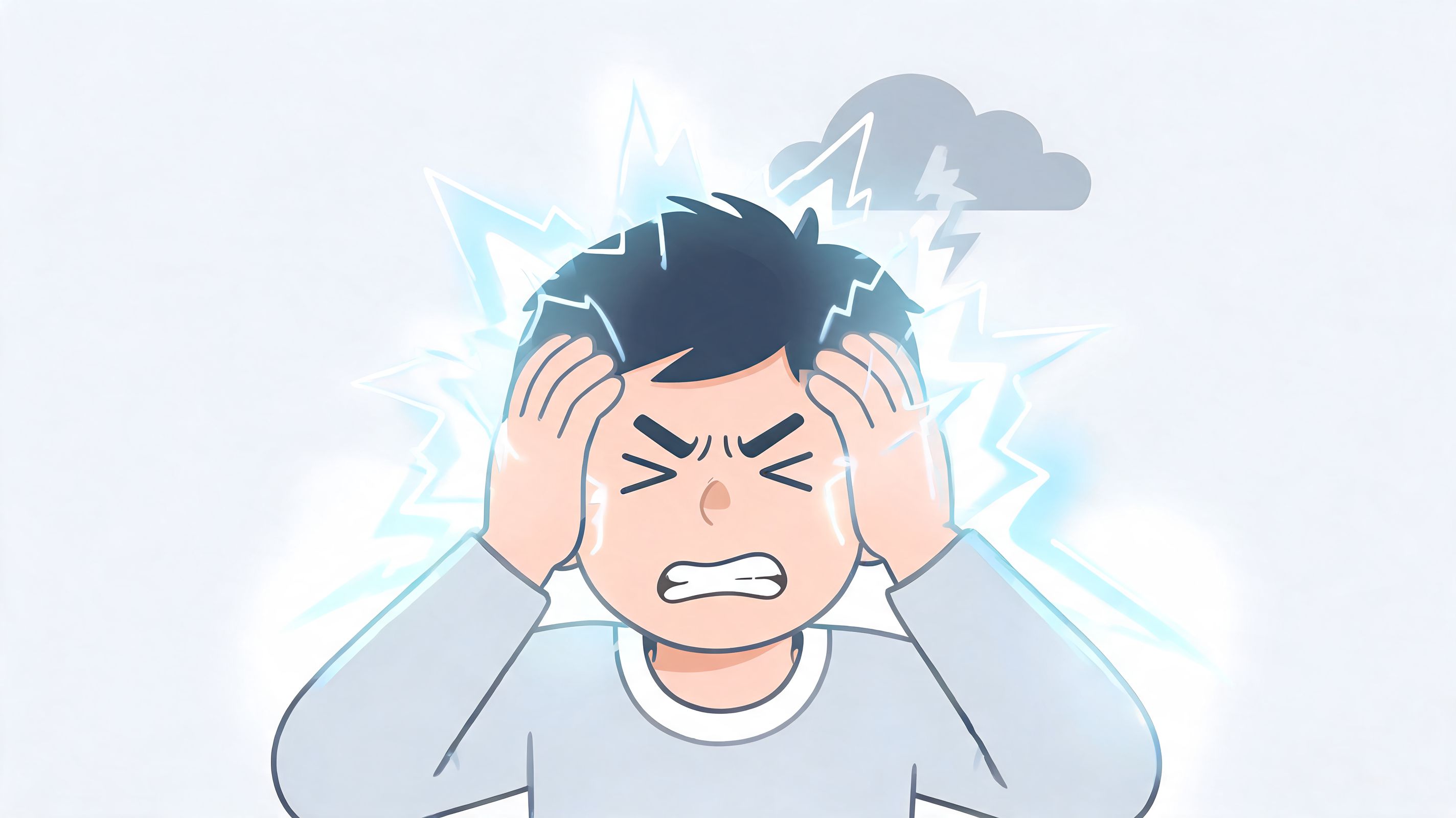 A cartoon illustration of a young person suffering from a severe migraine during stormy weather.