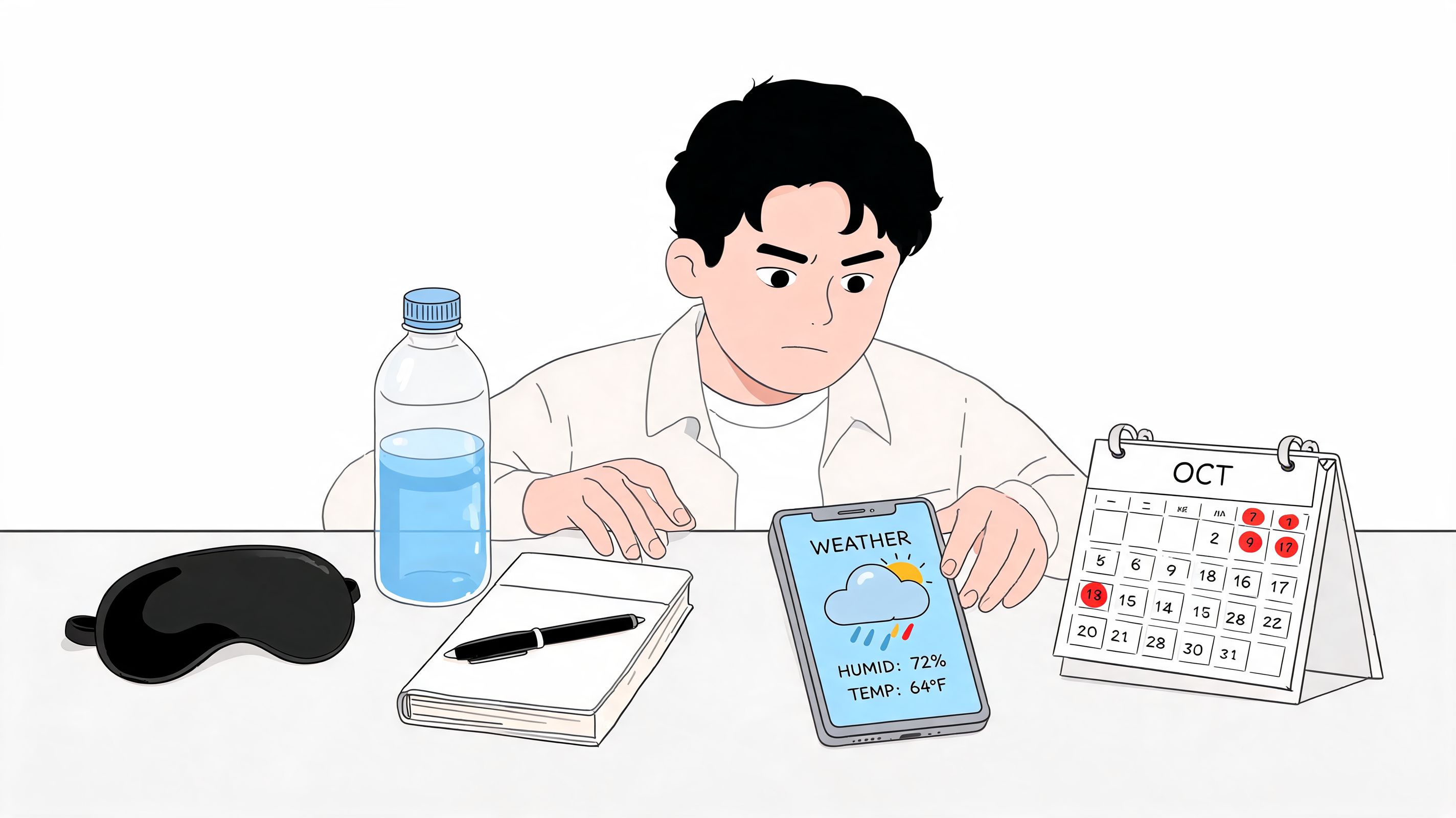 A person looking frustrated at a phone displaying rainy weather while seated at a desk with a calendar.