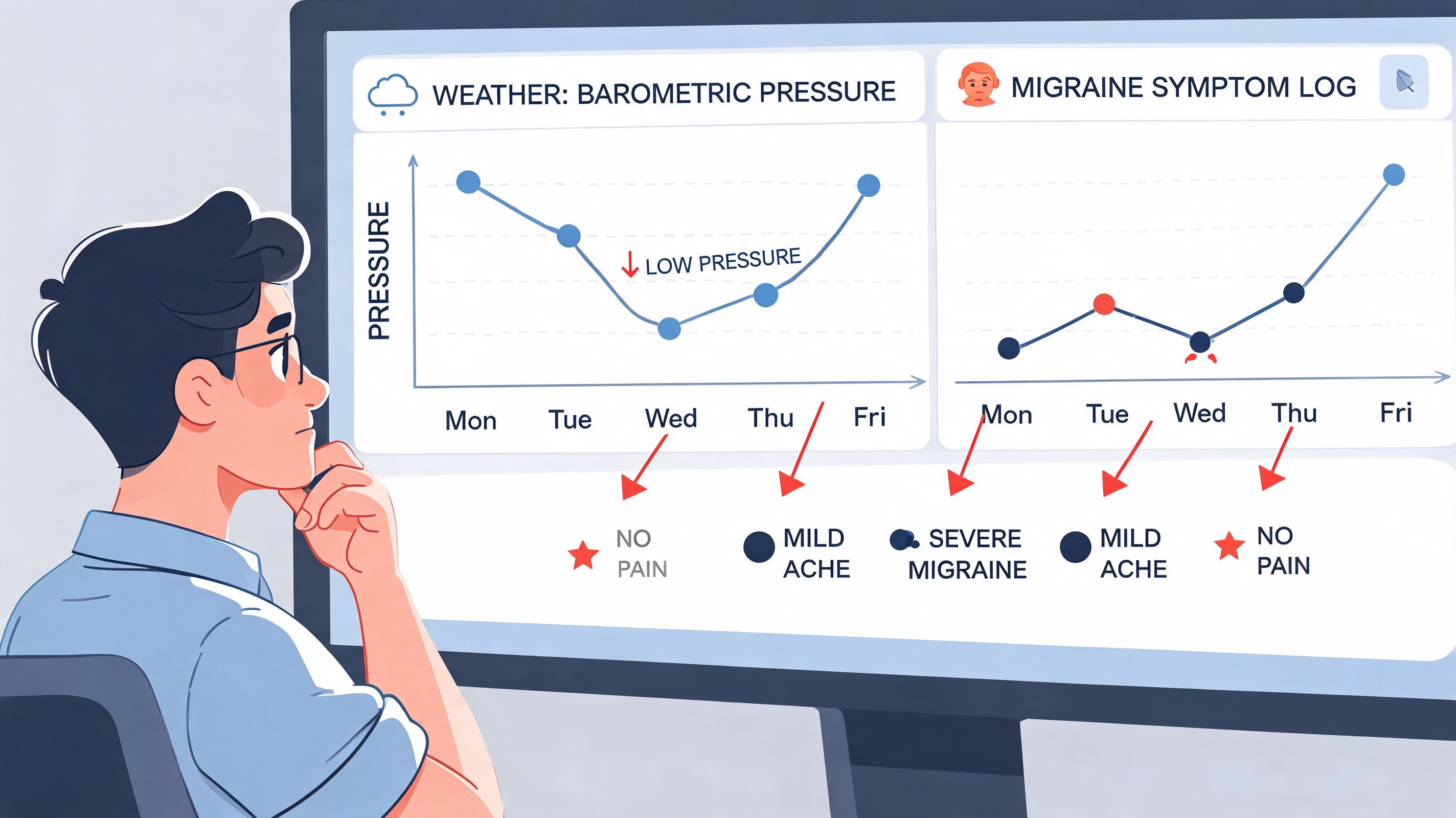 A person analyzes a digital chart comparing barometric pressure changes with their weekly migraine symptom severity log.
