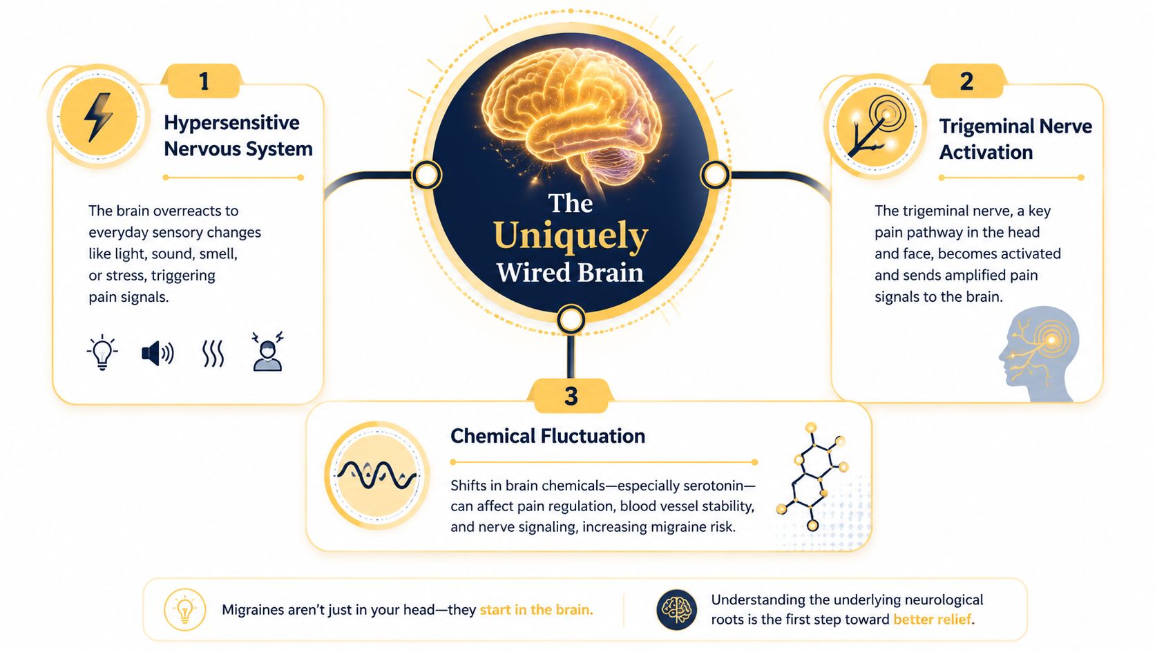 An infographic showing the three biological causes of migraine headaches: hypersensitive nervous system, trigeminal nerve activation, and chemical fluctuations.