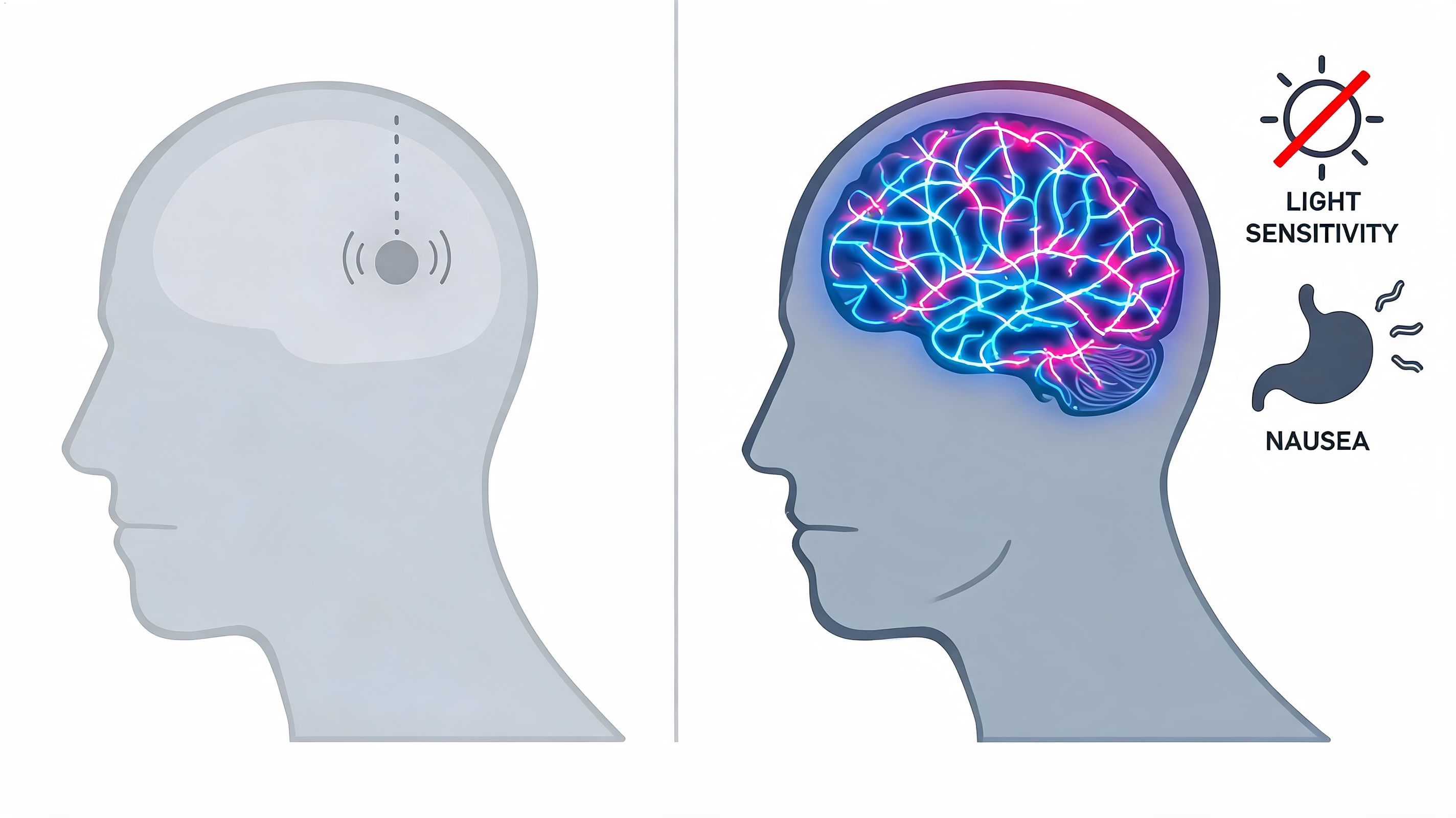 A diagram comparing a brain implant on the left with migraine symptoms like light sensitivity and nausea.