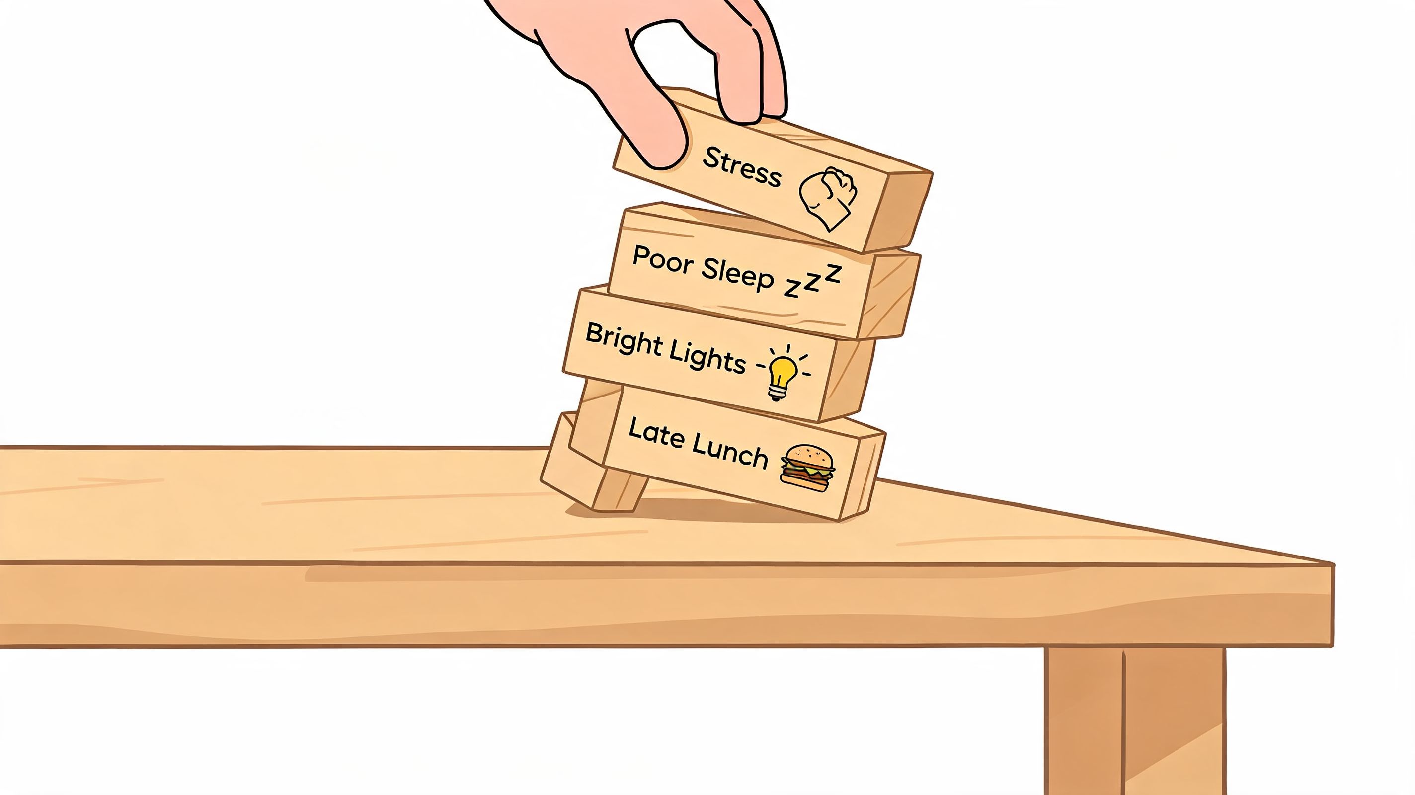 A hand picking up a wooden block labeled Stress from a stack representing migraine headache triggers.