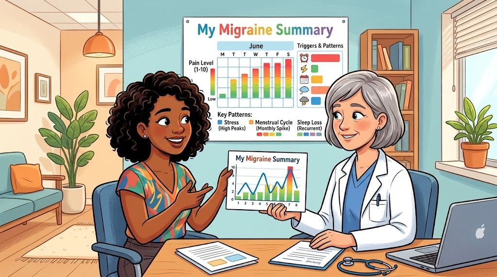 A patient discussing her migraine pain scale summary chart with a healthcare professional in an office.
