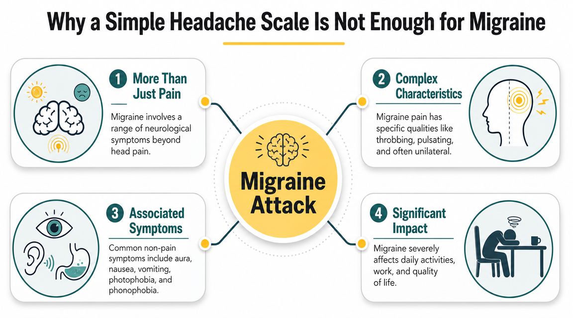 An infographic explaining why migraine attacks require more than a simple pain scale for proper assessment.
