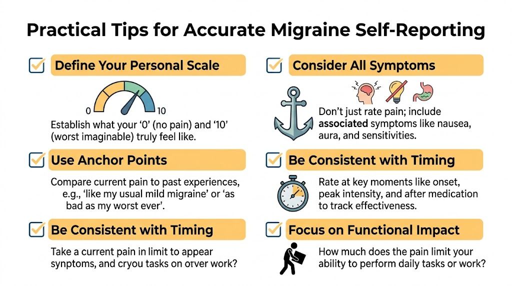 An infographic titled Practical Tips for Accurate Migraine Self-Reporting with advice on tracking pain intensity levels.