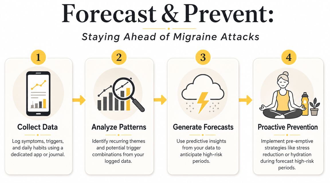 A four-step infographic illustrating how to track, analyze, predict, and prevent migraine attacks using data logging.
