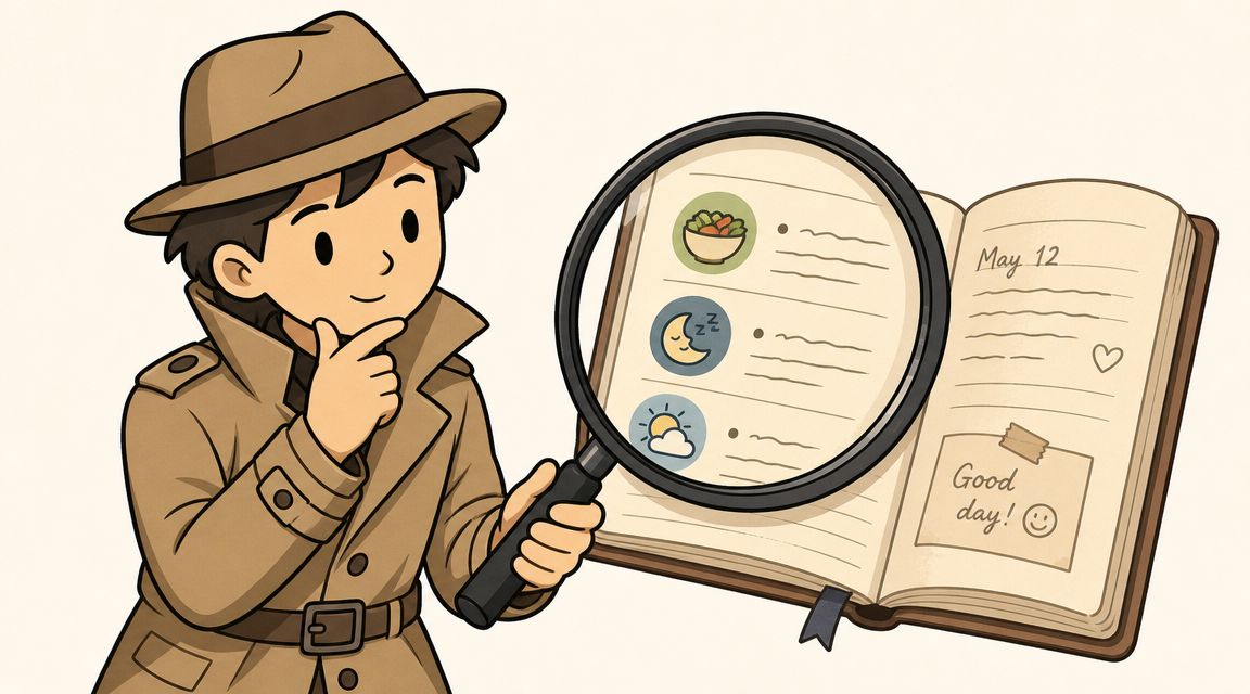 A cartoon detective uses a magnifying glass to inspect a journal with daily activity icons and notes.
