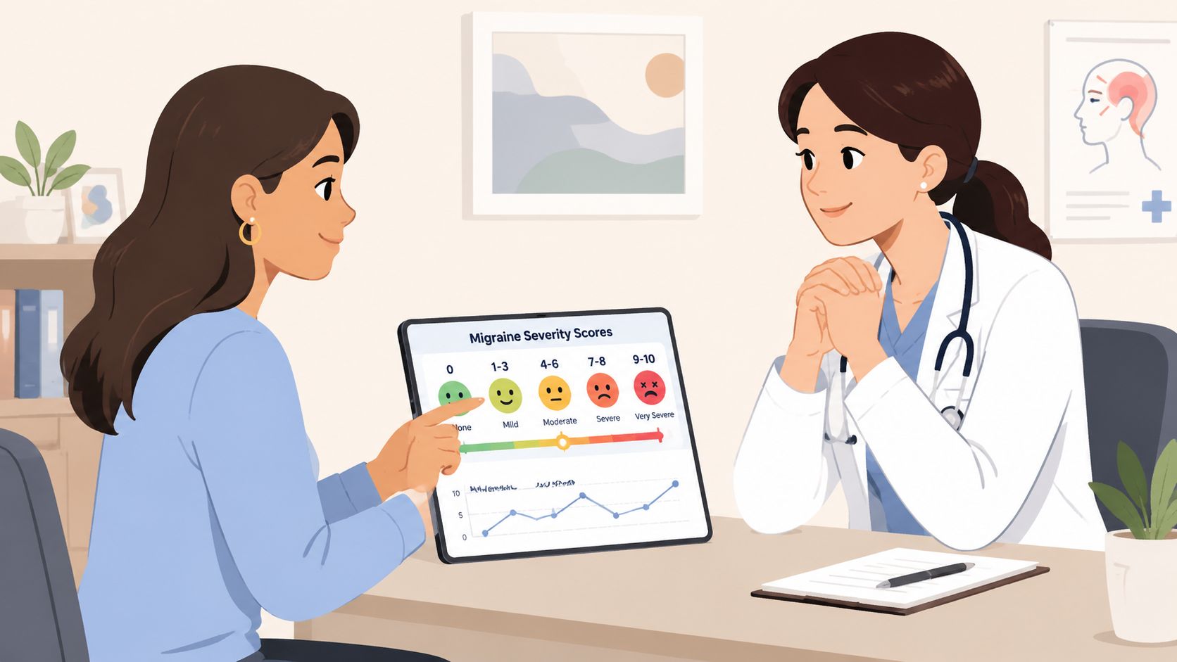 A female patient pointing at a tablet showing a migraine severity scale during a doctor's consultation.