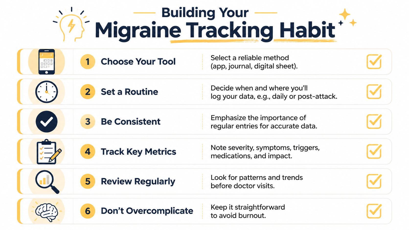 A six-step infographic on building a migraine tracking habit to help manage and monitor health data.