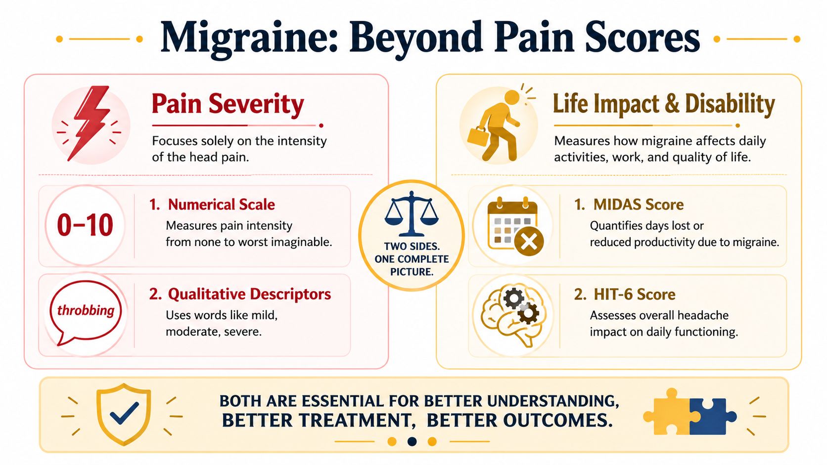 An infographic illustrating that migraine management requires assessing both pain severity and daily life impact.