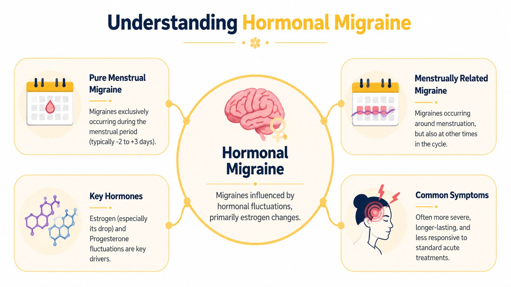 An infographic explaining the types, causes, and symptoms of hormonal migraines in women.