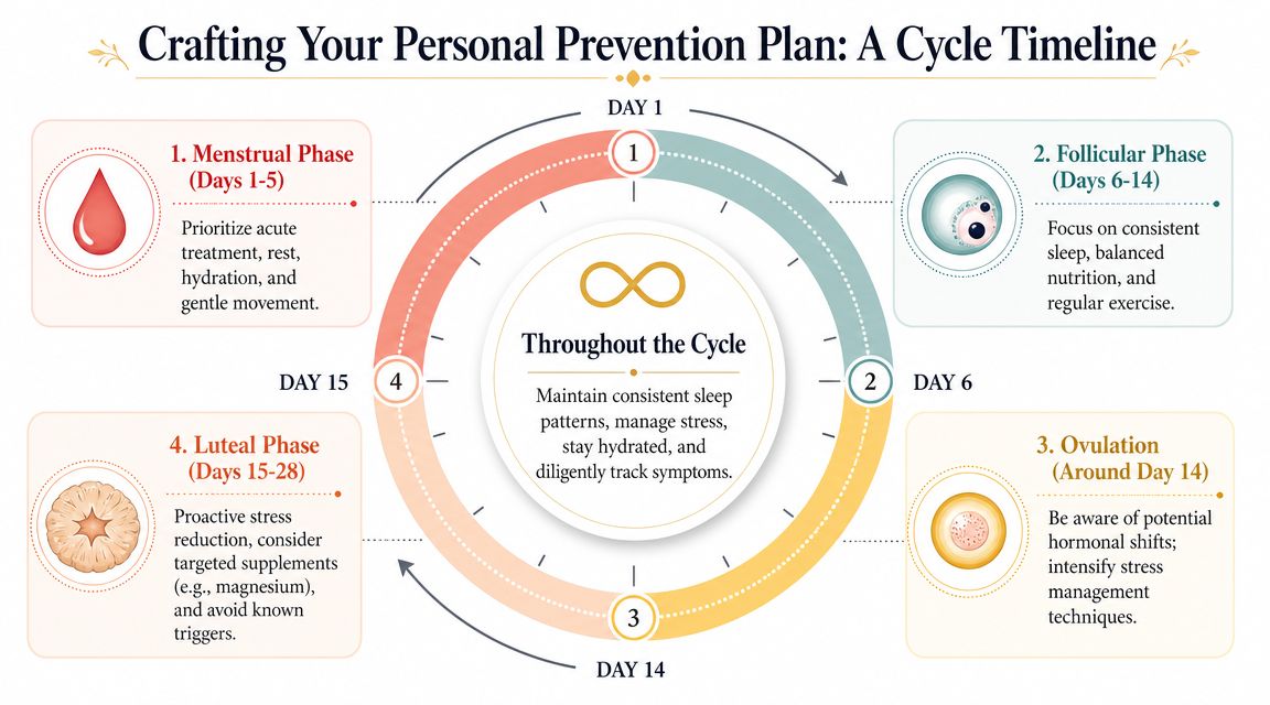 A circular infographic detailing a menstrual cycle timeline with tips for personal health and migraine prevention.