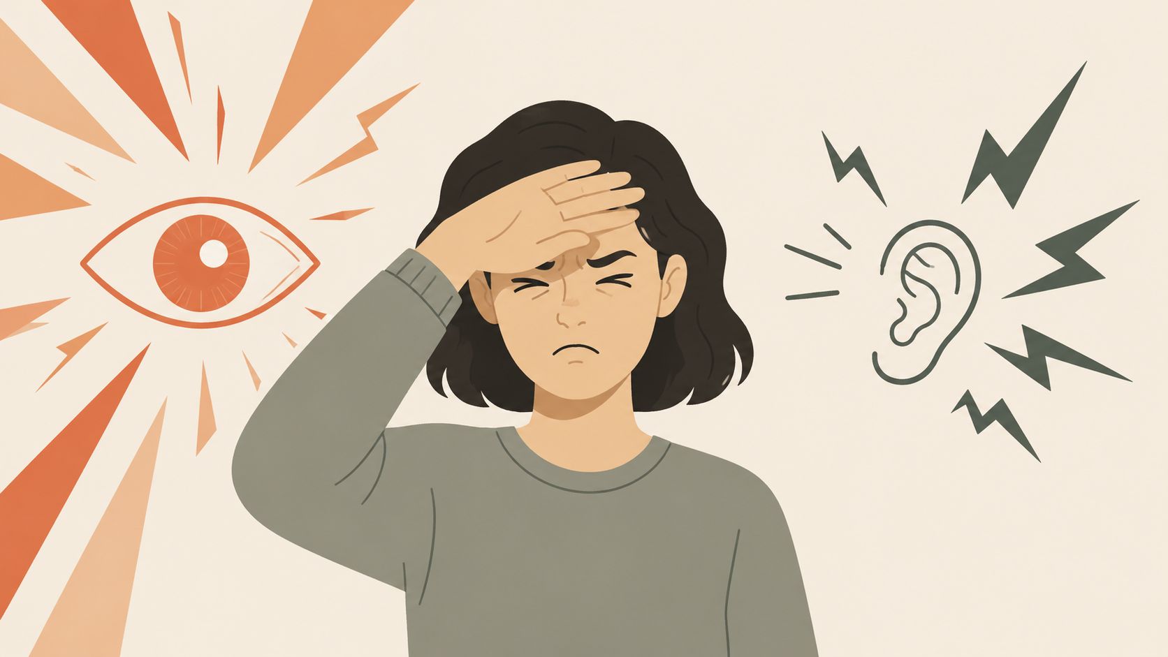 A woman holding her forehead while experiencing light sensitivity and loud noises, depicting common migraine warning signs.