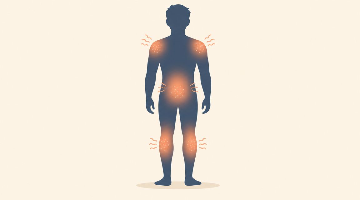 An illustration of a human silhouette highlighting shoulder, stomach, and knee pain with glowing orange markers.