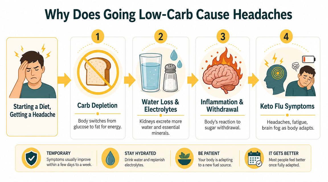 An infographic explaining the four main reasons why starting a low-carb diet can lead to headaches.