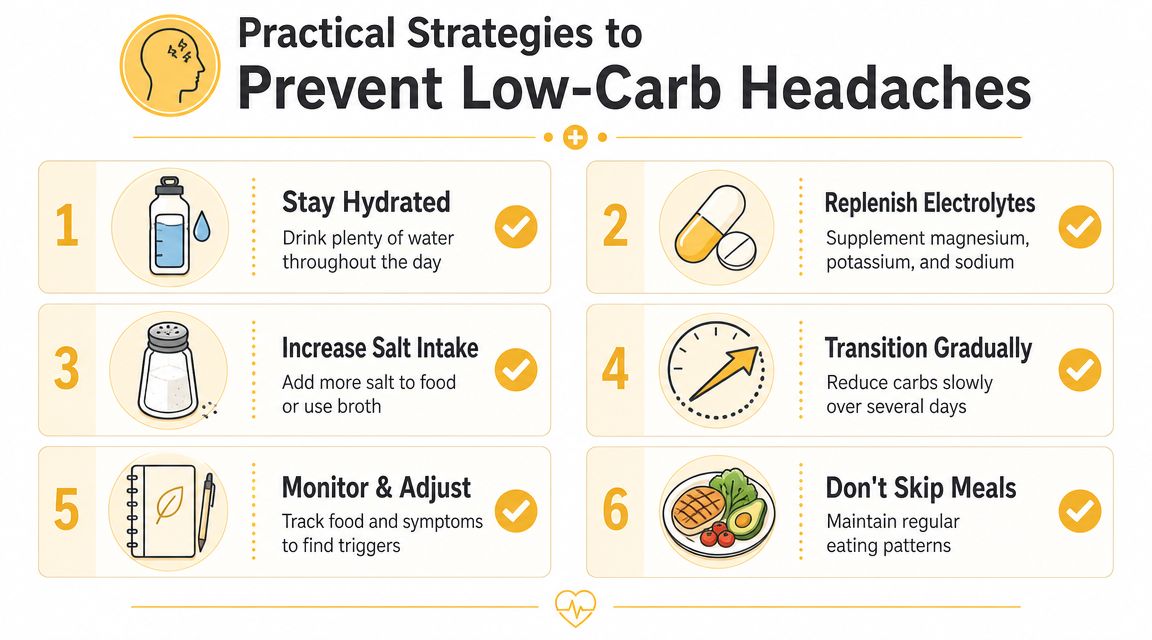 An infographic showing six practical strategies to prevent headaches when following a low-carb diet.