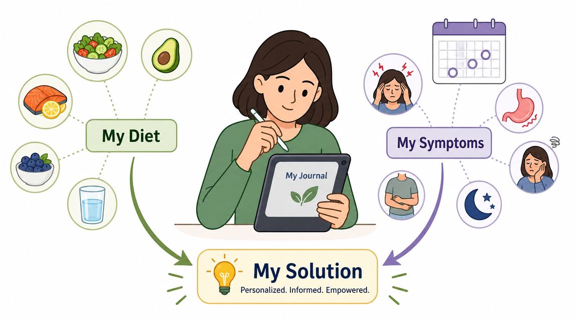 A woman using a digital journal to track her diet and symptoms for personalized health solutions.