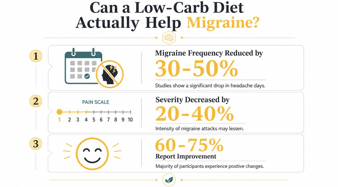 An infographic showing that a low-carb diet can reduce migraine frequency, severity, and improve overall symptoms.