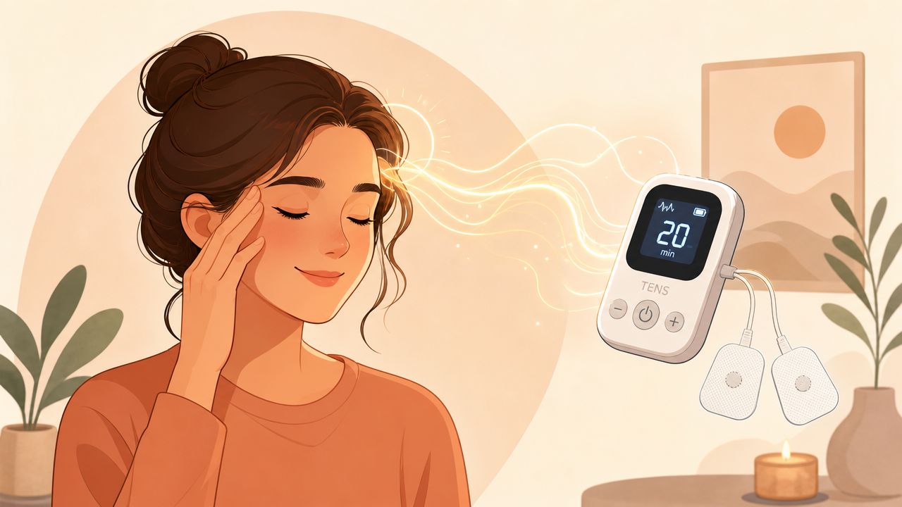 A woman using a TENS machine to find relief from a headache in a peaceful, serene environment.