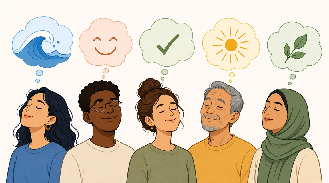 A diverse group of five people with peaceful expressions with abstract thought bubbles representing calm and positivity.