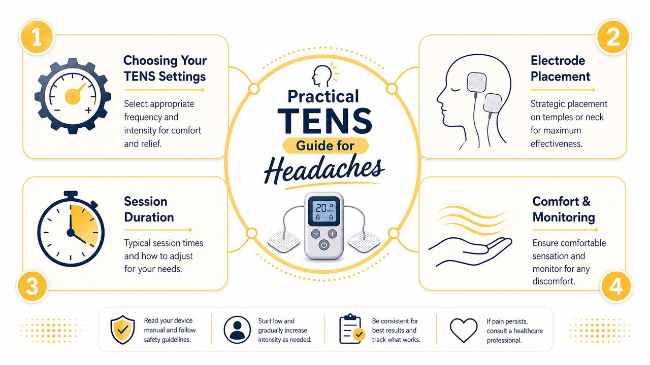 An infographic titled Practical TENS Guide for Headaches, showing steps for device settings, electrode placement, and safety.