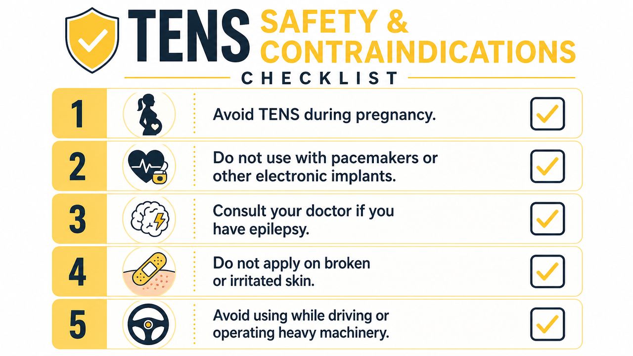 A safety checklist infographic for TENS machine usage detailing five key contraindications for patients.