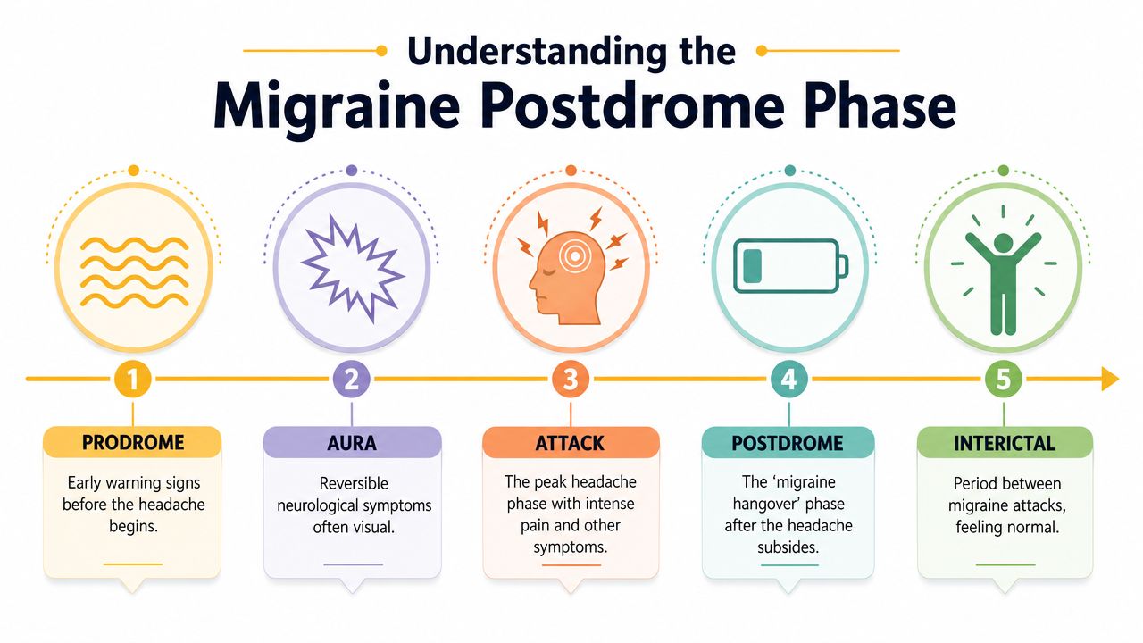 A diagram illustrating the five stages of a migraine, including prodrome, aura, attack, postdrome, and interictal phases.