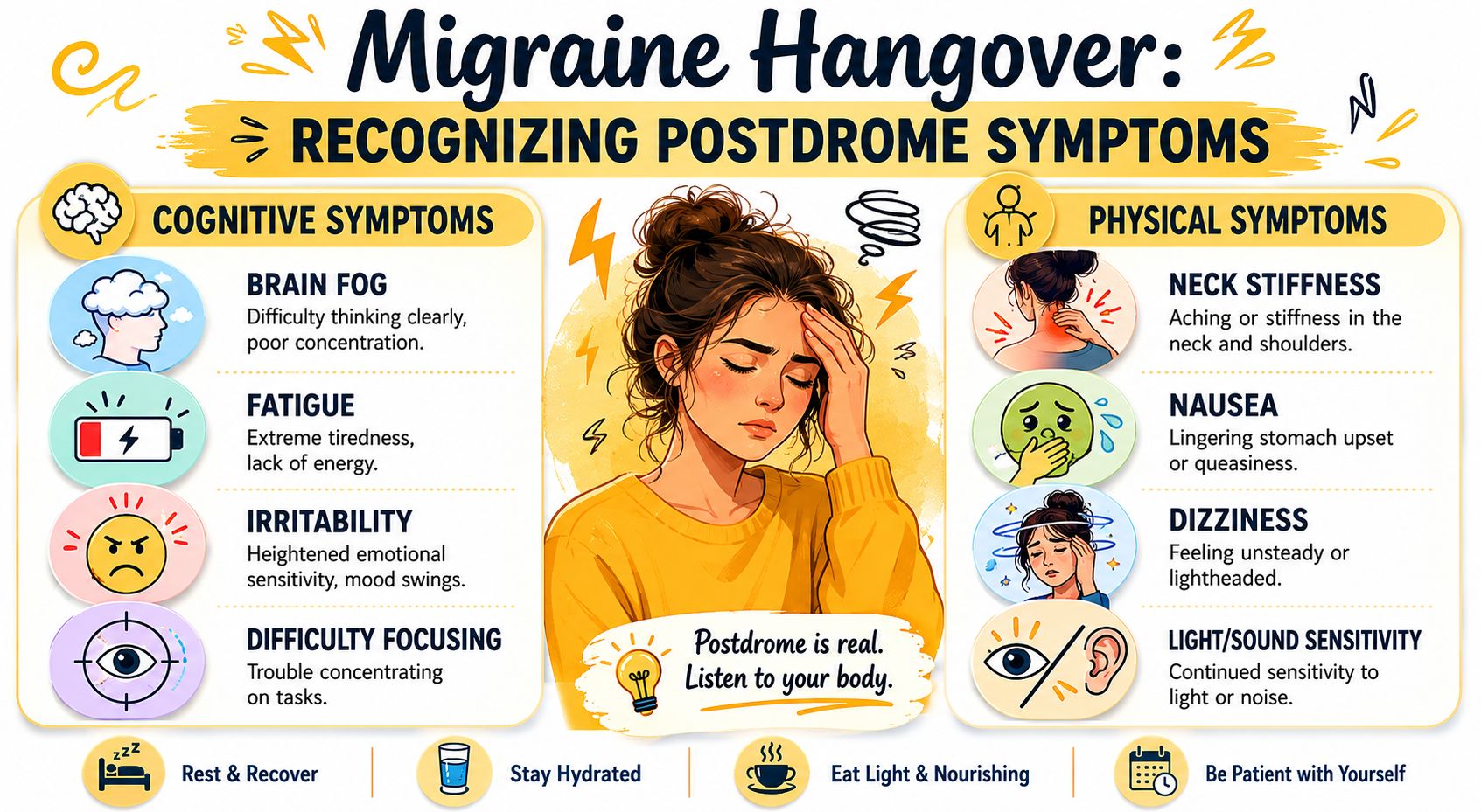 An infographic detailing cognitive and physical symptoms of a migraine hangover, including advice for recovery.