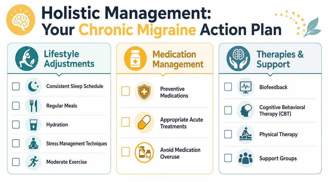 An infographic titled Holistic Management showing a chronic migraine action plan with lifestyle, medication, and therapy sections.
