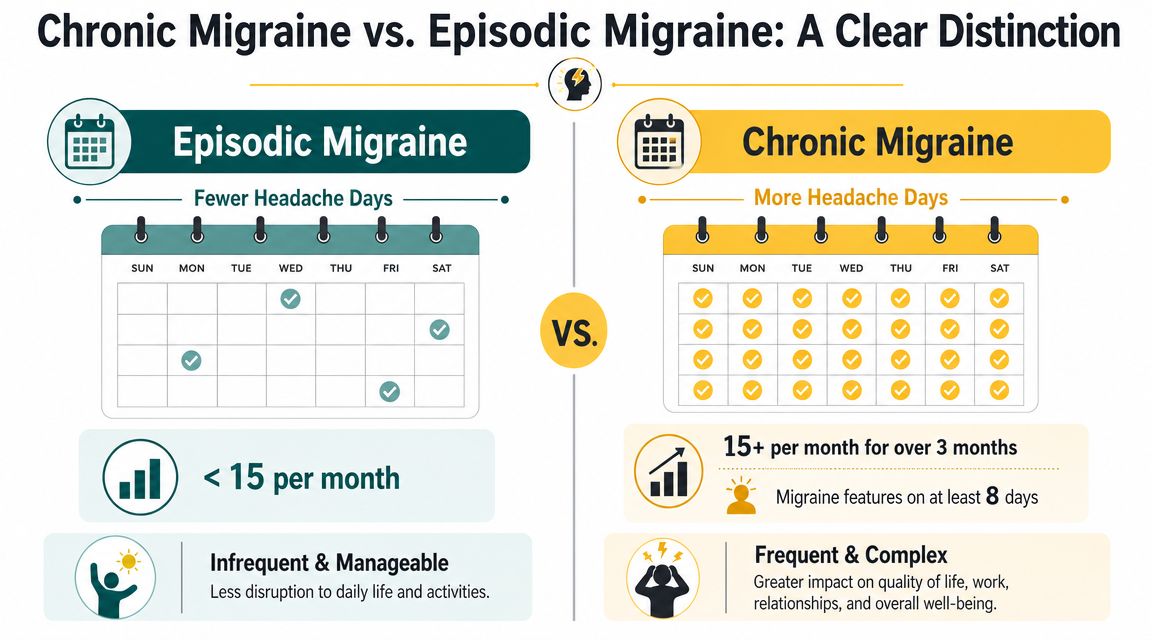 A comparison chart showing the differences between episodic and chronic migraine frequency and impact on life.