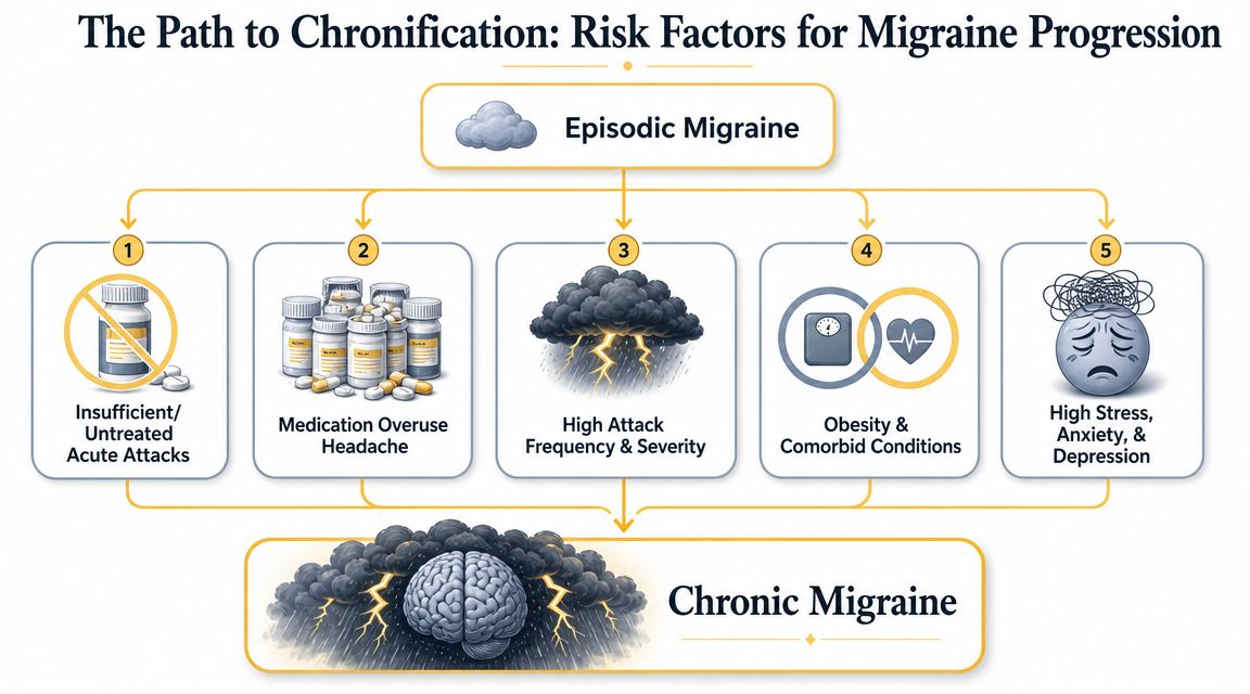 A diagram illustrating the five key risk factors that lead from episodic to chronic migraine conditions.