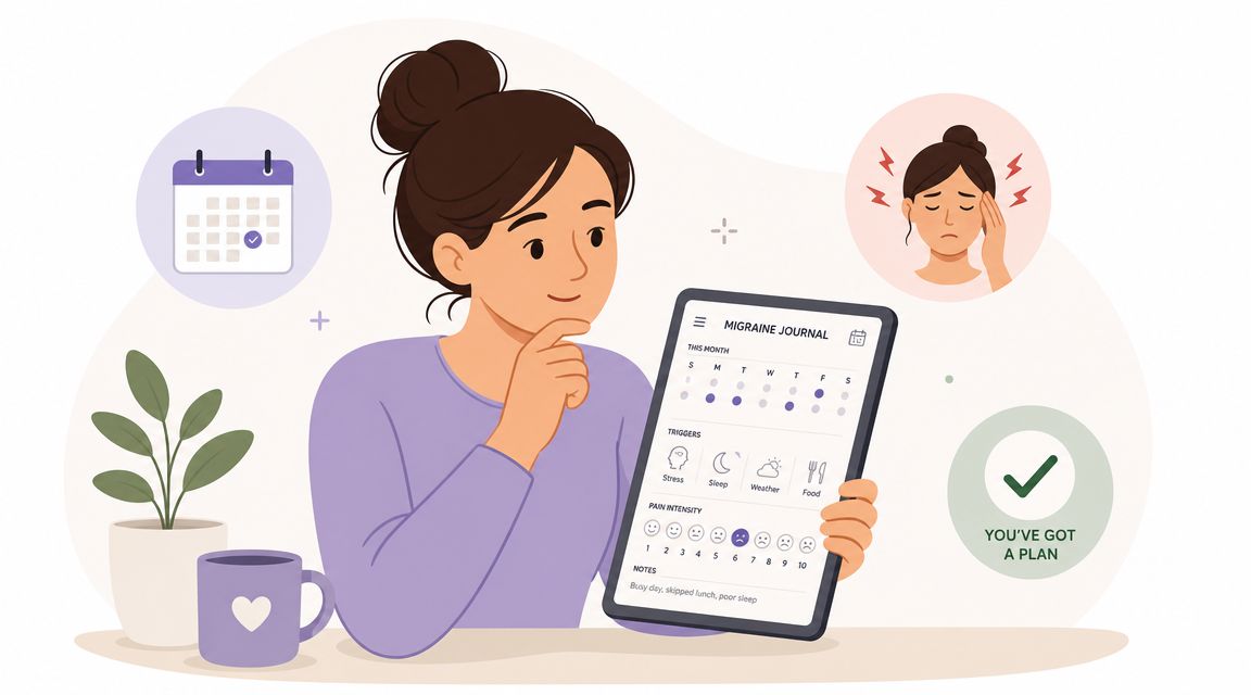 A young woman thoughtfully looking at a tablet displaying a migraine tracking app to manage health.