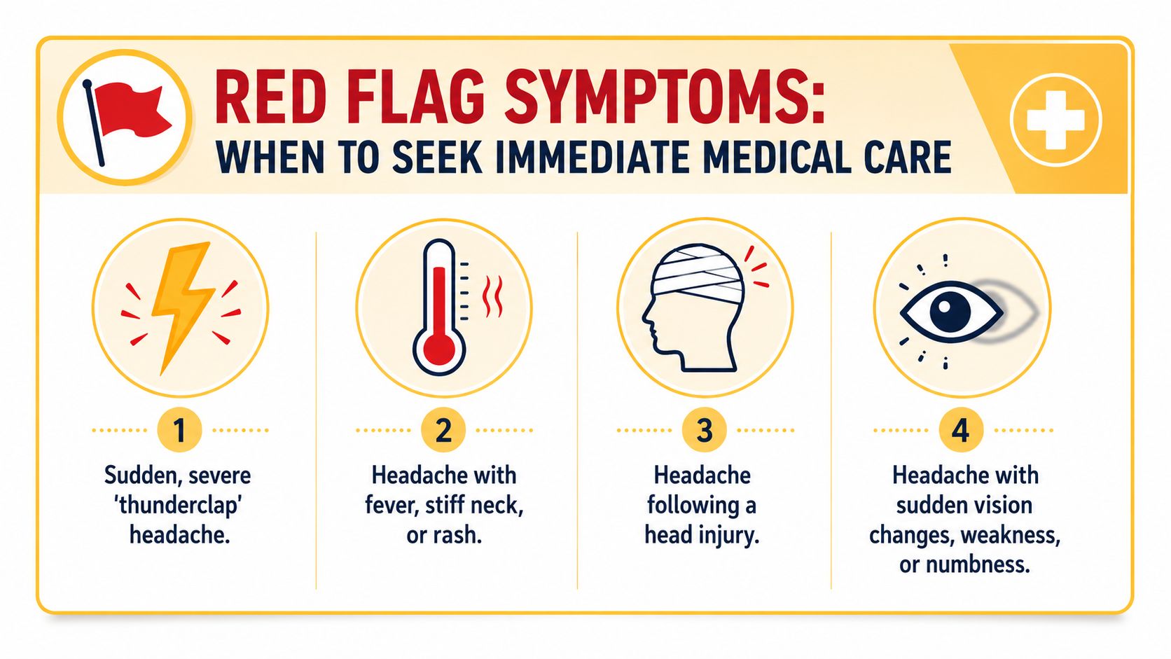 An infographic showing four red flag symptoms indicating when a headache requires immediate medical attention.