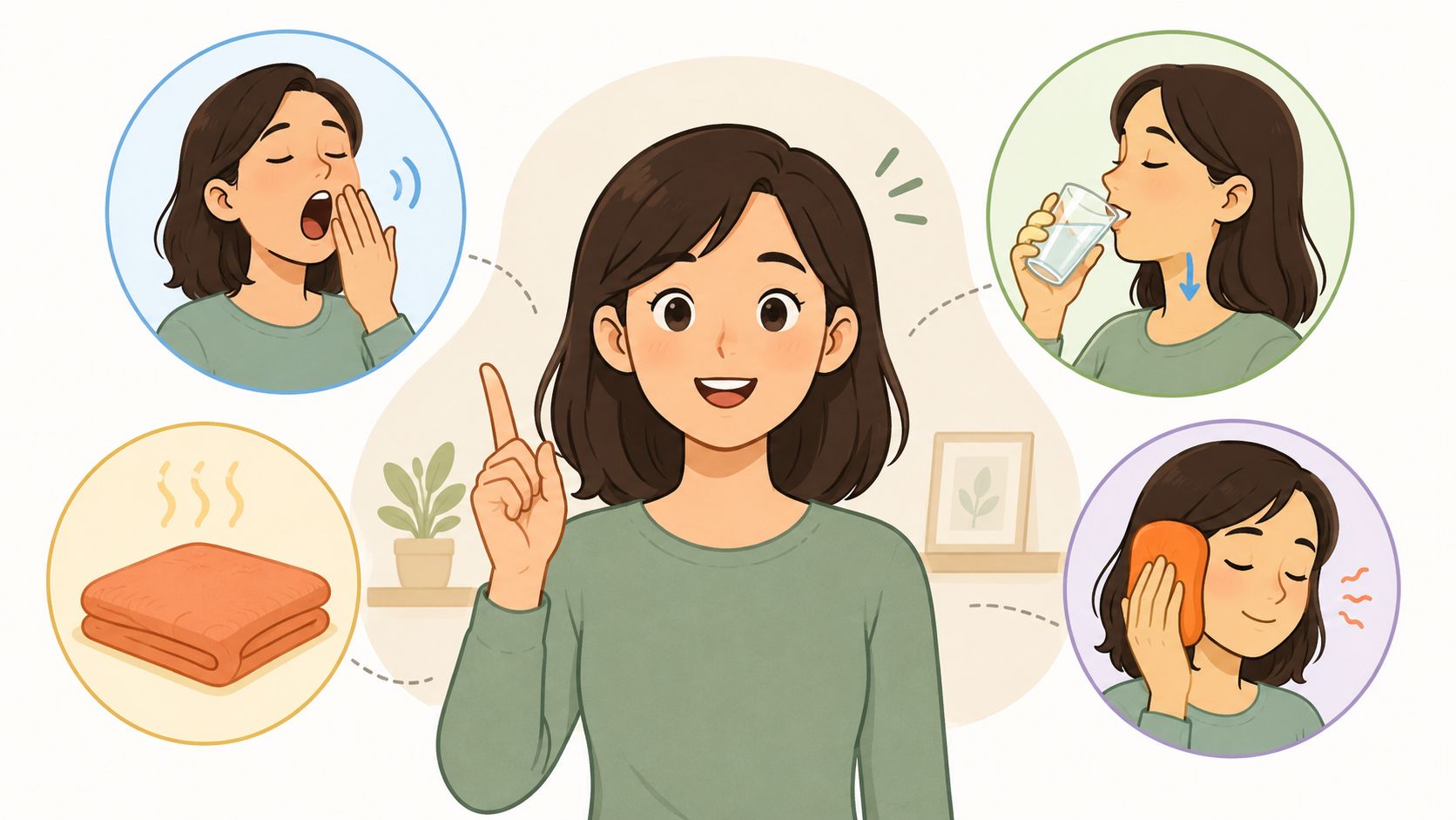 A woman demonstrating various home remedies for ear popping, including yawning, drinking water, and warm compresses.