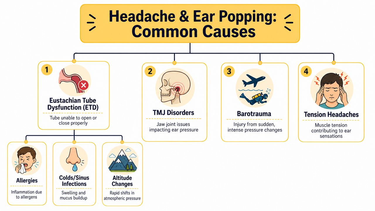 An infographic showing common causes of headaches and ear popping, including ETD, TMJ, barotrauma, and tension.
