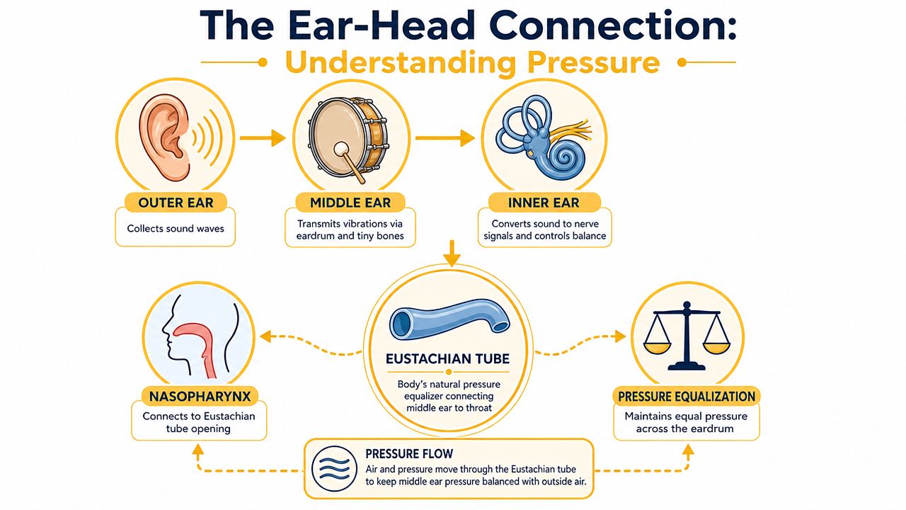 A diagram illustrating the anatomy of the ear, the Eustachian tube, and how it regulates pressure.