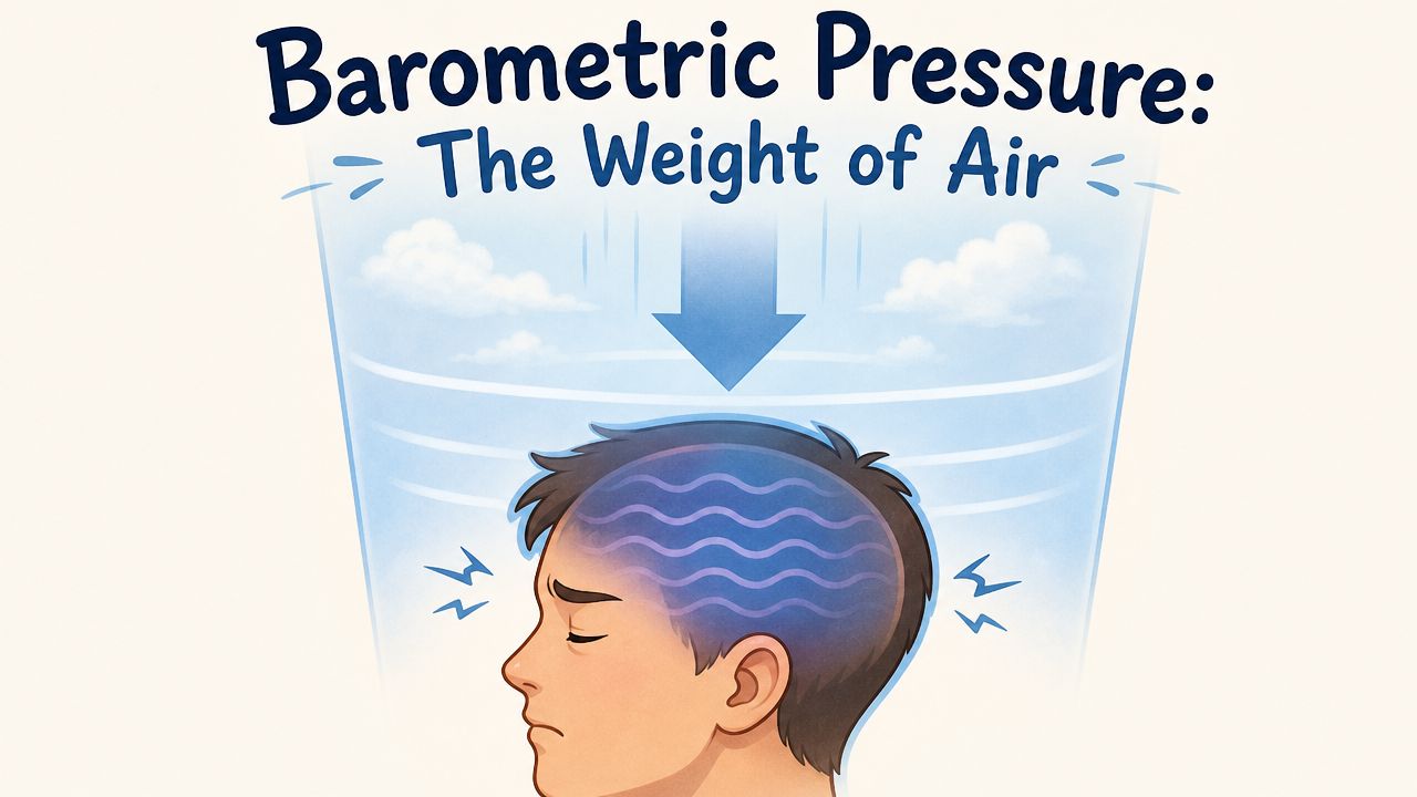 An illustration showing how barometric pressure from the atmosphere can cause migraine headaches in people.