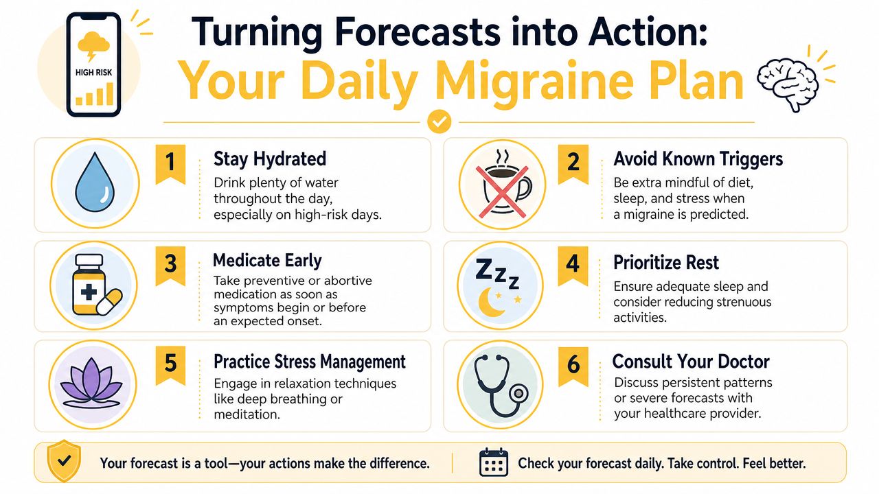 An infographic titled Your Daily Migraine Plan showing six numbered steps to manage migraine symptoms.