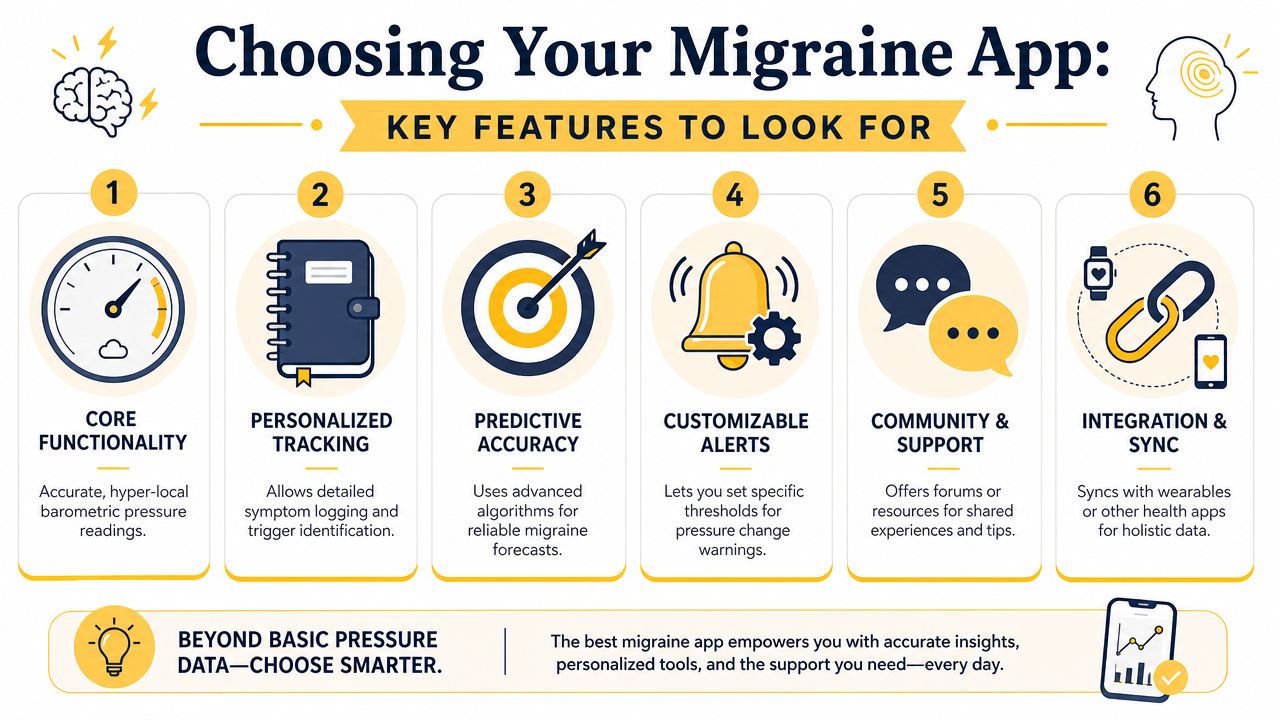An infographic titled Choosing Your Migraine App highlighting six key features to look for in apps.