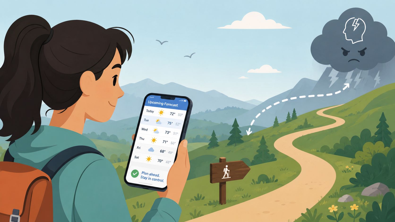 A woman hiker checks a phone weather forecast while imagining a stormy mountain peak symbolizing health concerns.