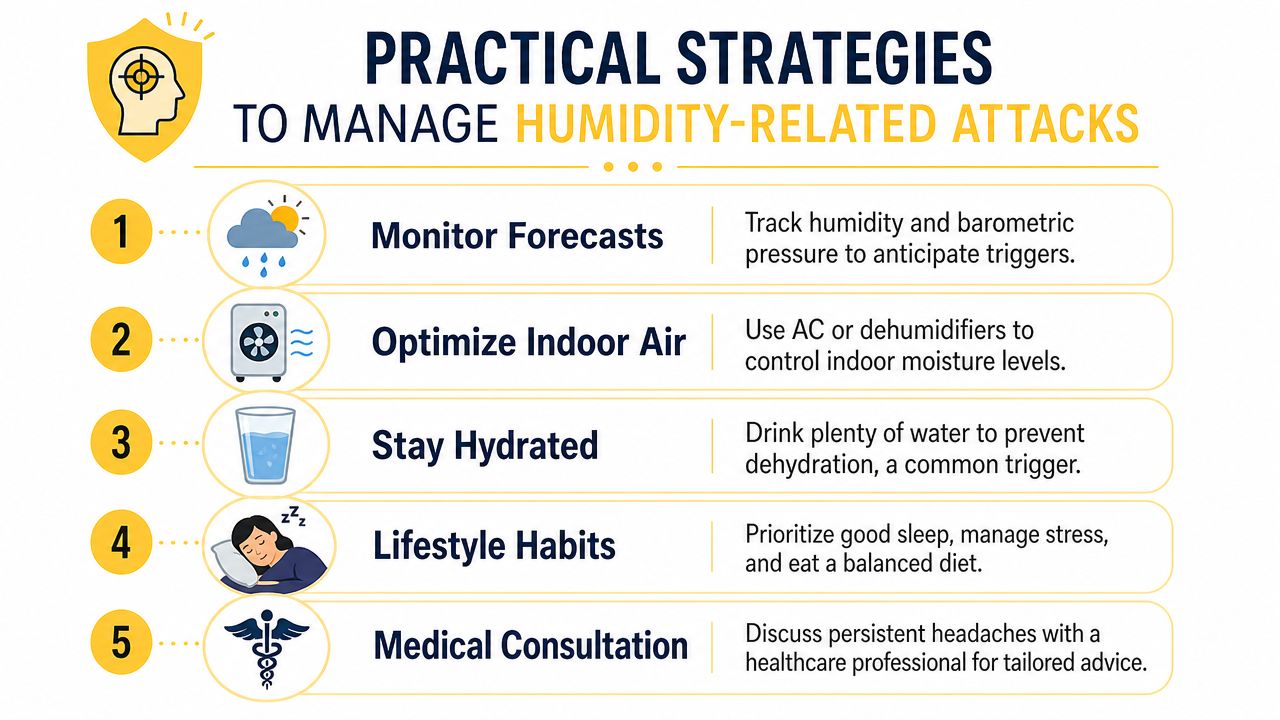 An infographic detailing five practical strategies to manage headaches triggered by humidity levels.