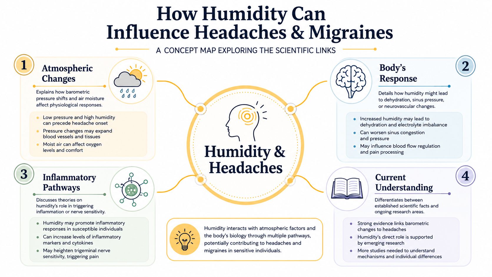 An educational infographic explaining the scientific links between humidity levels, atmospheric changes, and the onset of headaches.