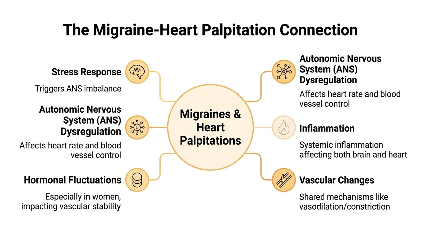 A diagram explaining the physiological connections and shared triggers between migraine headaches and heart palpitations.