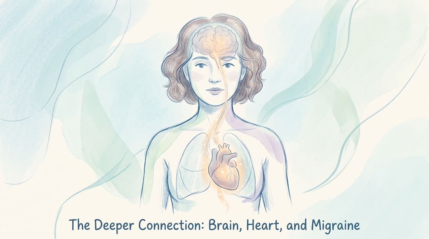 An illustration of a woman showing the neurological connection between the brain and heart regarding migraines.