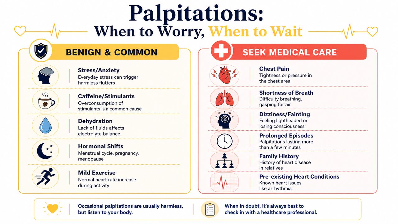 A medical infographic comparing common causes of benign heart palpitations versus symptoms requiring urgent medical care.