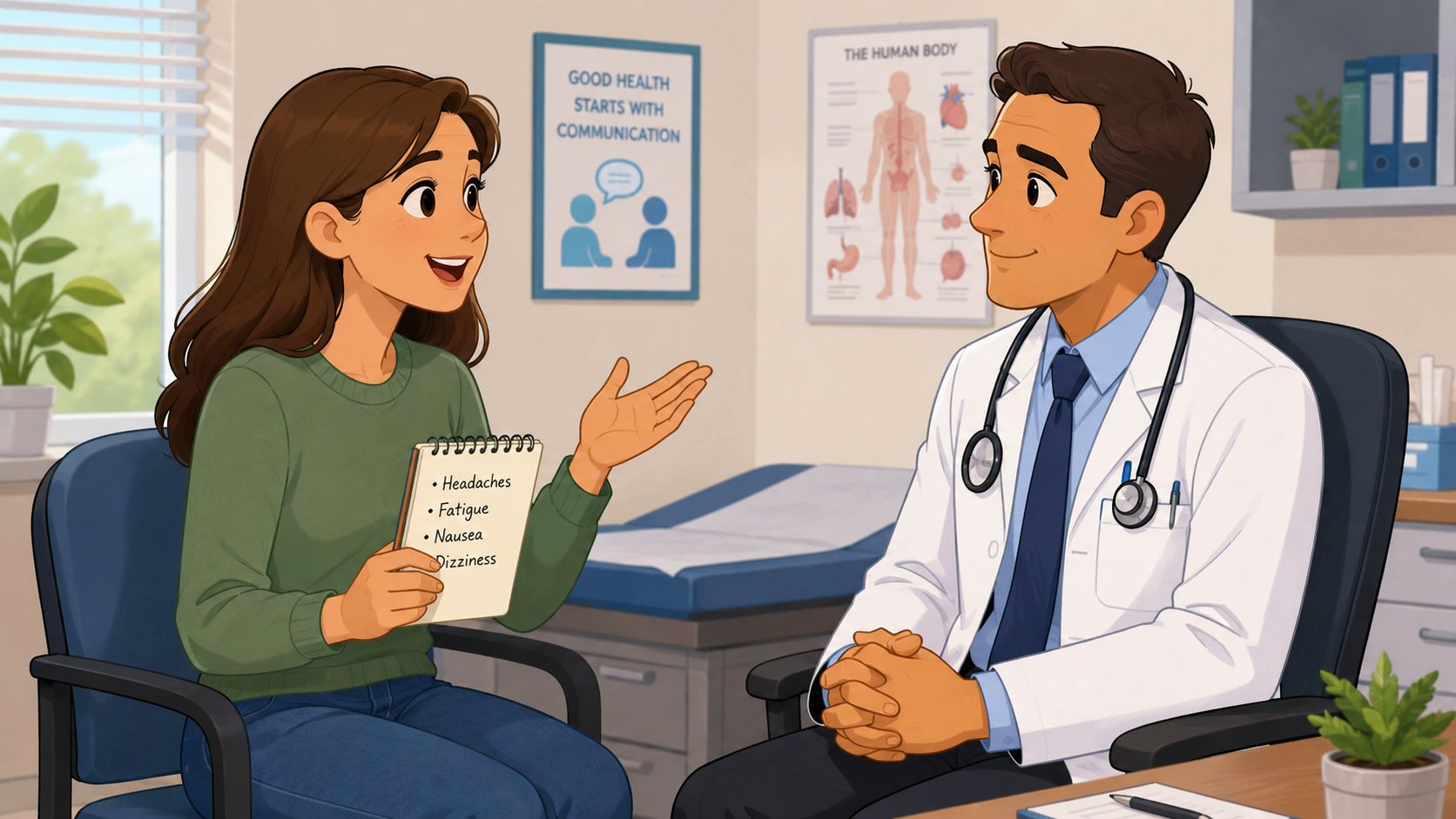A young woman discussing her health symptoms like headaches and fatigue with a friendly male doctor.